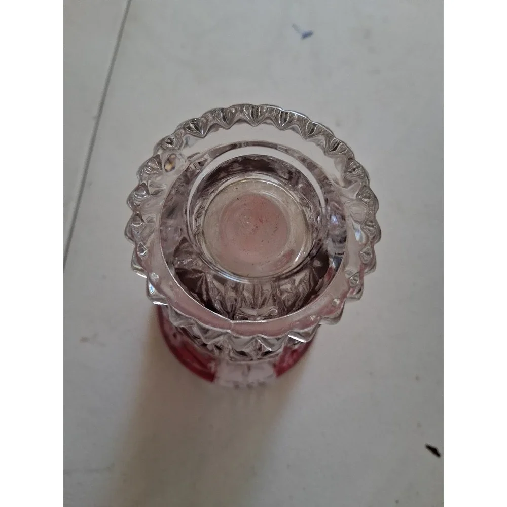 Vintage Ruby Red Cut to Clear Crystal Vase Floral Scalloped Rim Bohemian 6 inch